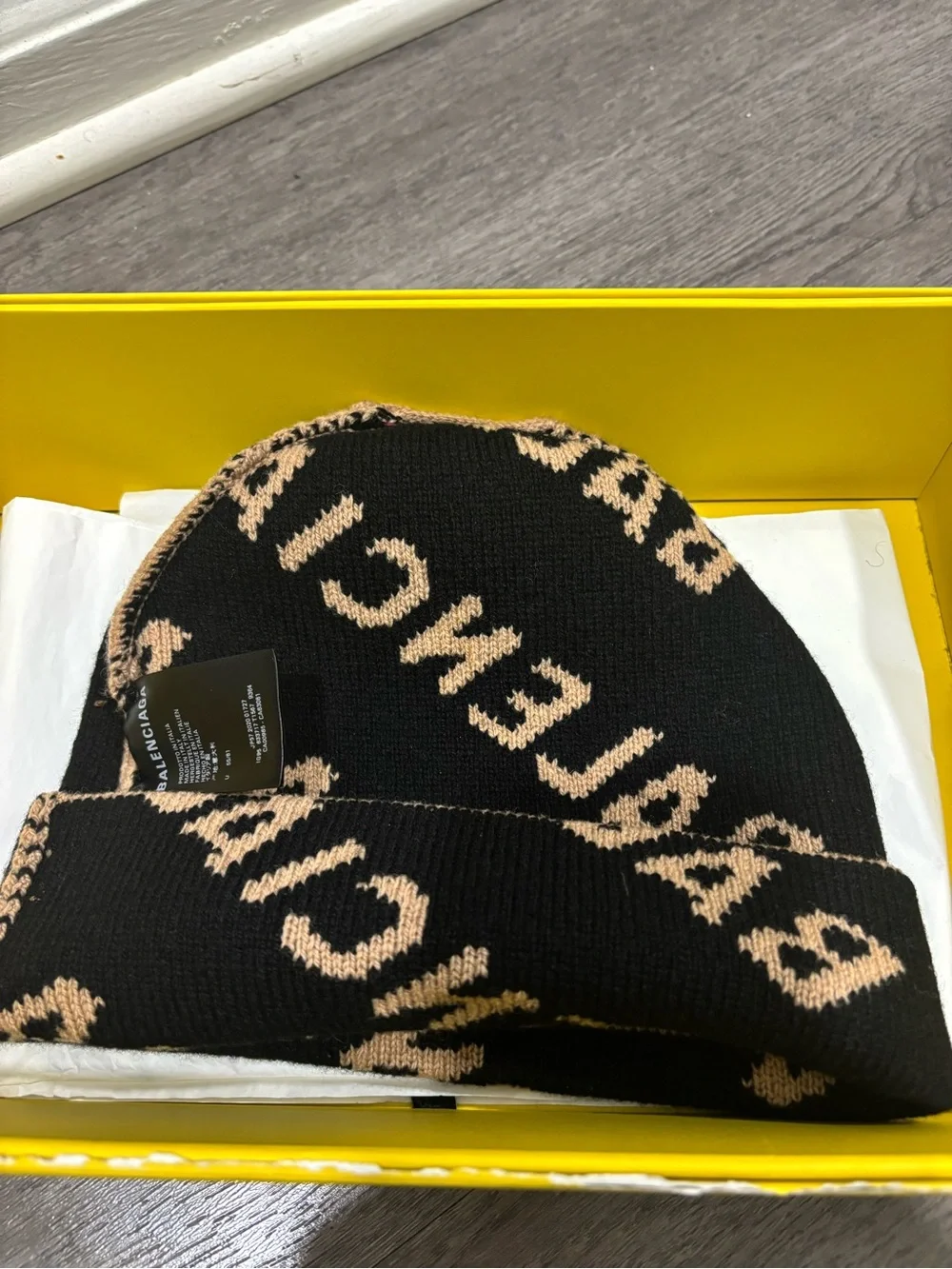 Balenciaga Tan Beanie with Black Logo Knit